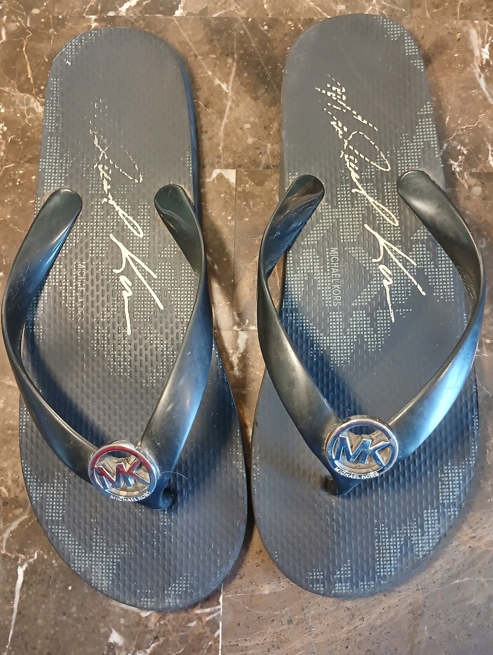 Michael Kors Black Flip Flop Sandals with Silver MK Logos
